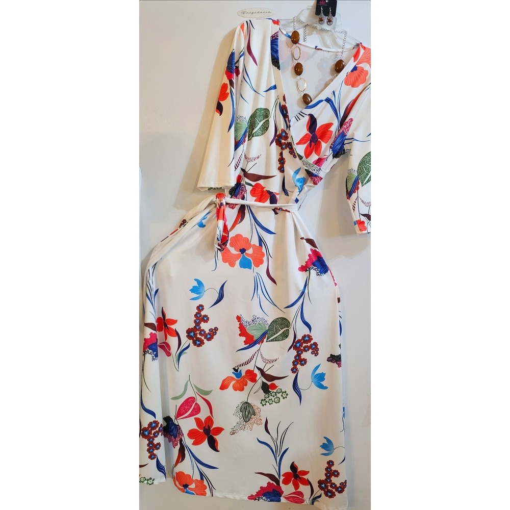 Womens Tropical Floral Wrap Maxi Dress‎  3/4 Sleeve Large w/ necklace & earrings - Picture 5 of 7